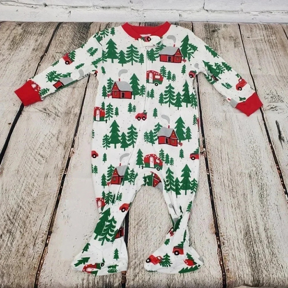6-9 Month Infant Forest Theme White and Green Footed Christmas Onesies - Picture 4 of 8
